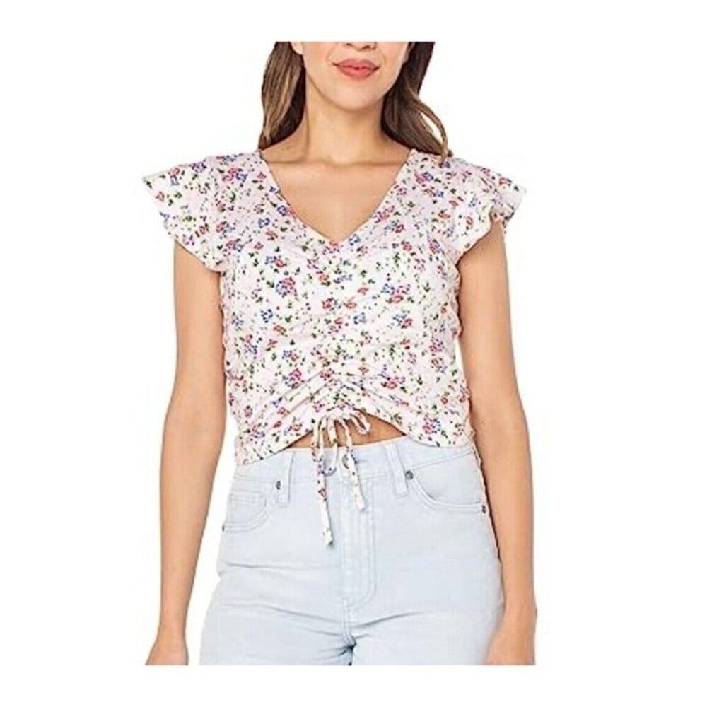 Celebrity Pink Women's Pink Floral Ruched Front Top Cap Ruffled Sleeve Crop Top